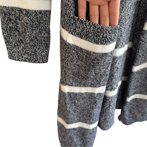 Talbots Gray White STRIPE MARLED DUSTER Open Front Cardigan Long Knit L - Picture 4 of 7